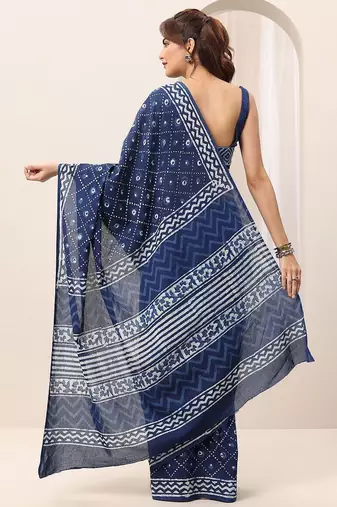 blue geometric printed saree with blouse piece