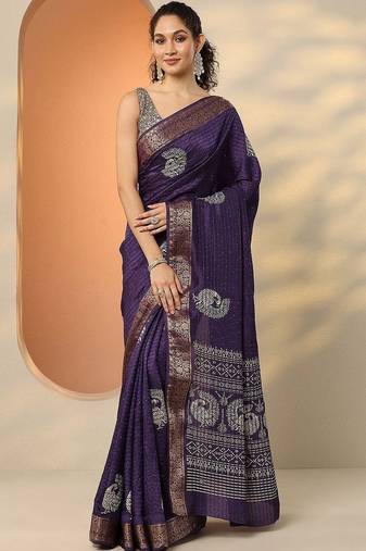 purple embellished saree with unstitched blouse piece