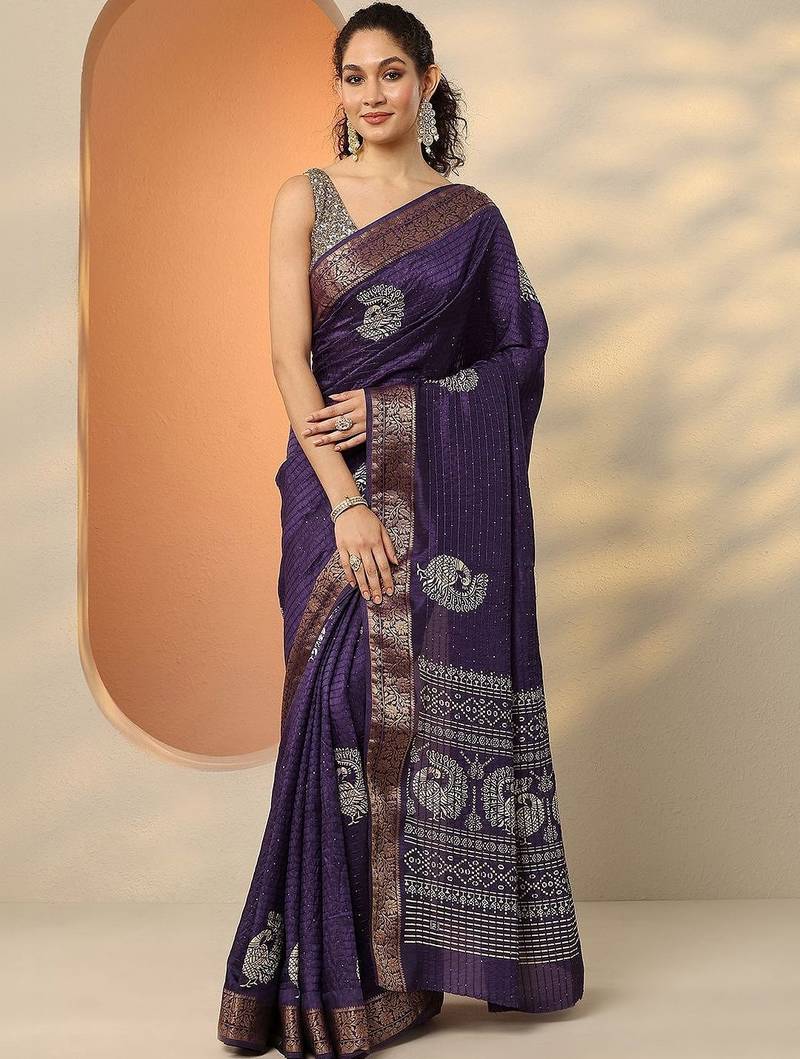 purple embellished saree with unstitched blouse piece