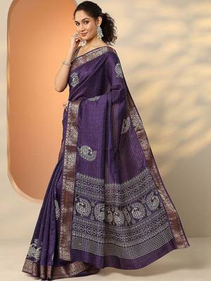 purple embellished saree with unstitched blouse piece 3