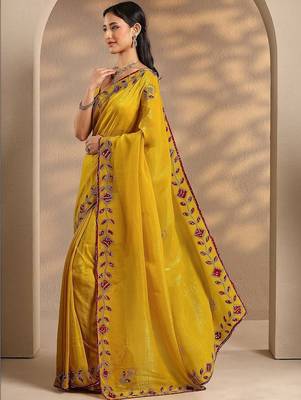 yellow embellished saree with unstitched blouse piece 1