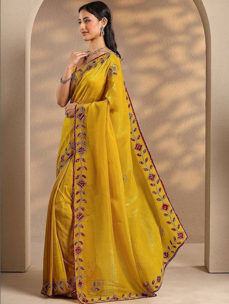 yellow embellished saree with unstitched blouse piece