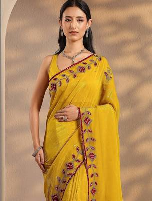 yellow embellished saree with unstitched blouse piece 2