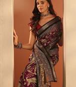 maroon printed saree with unstitched blouse piece