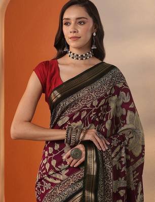 maroon printed saree with unstitched blouse piece 3