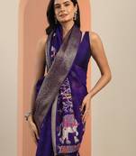 purple printed georgette saree with unstitched blouse piece