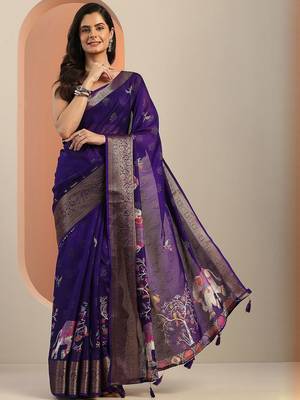 purple printed georgette saree with unstitched blouse piece 2
