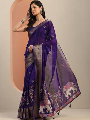 purple printed georgette saree with unstitched blouse piece 3
