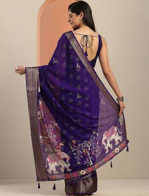 purple printed georgette saree with unstitched blouse piece 4