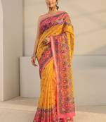 yellow tribal printed tassel saree with unstitched blouse piece