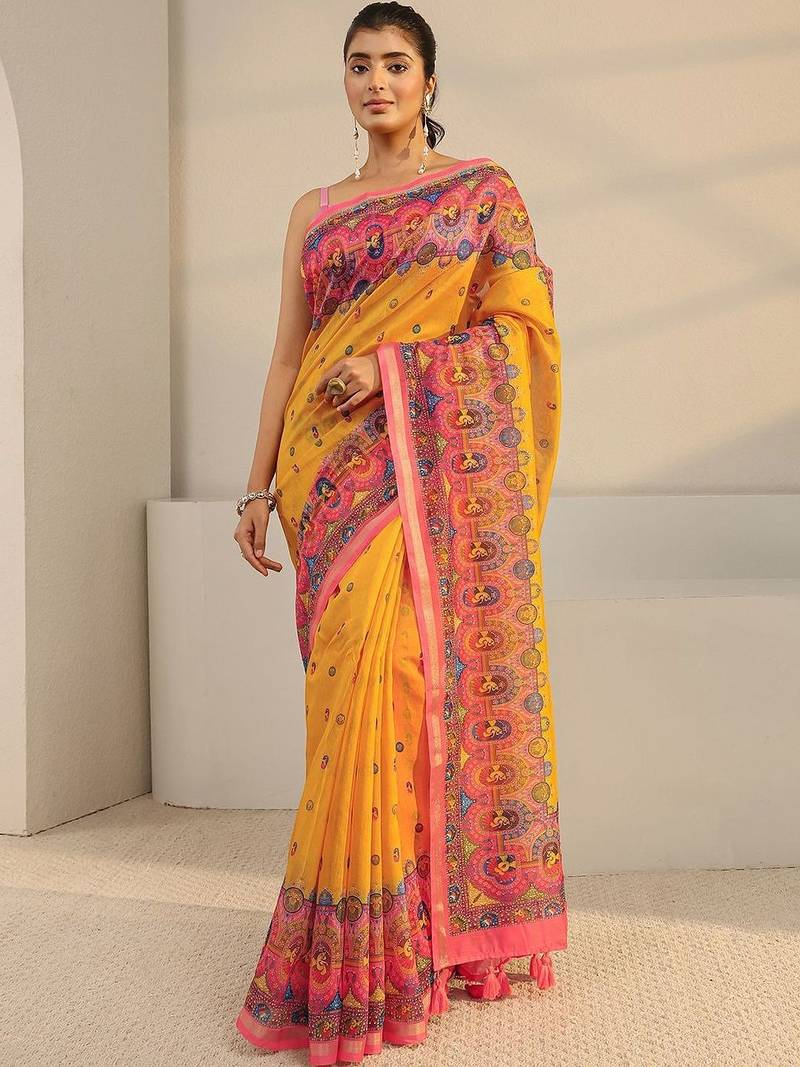 yellow tribal printed tassel saree with unstitched blouse piece