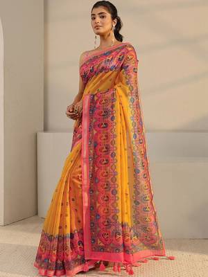 yellow tribal printed tassel saree with unstitched blouse piece 2