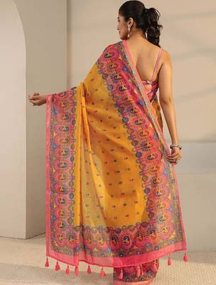 yellow tribal printed tassel saree with unstitched blouse piece 3
