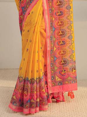 yellow tribal printed tassel saree with unstitched blouse piece 5