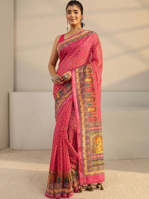 pink floral printed tassel saree with unstitched blouse piece 1