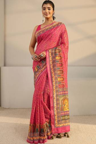 pink floral printed tassel saree with unstitched blouse piece