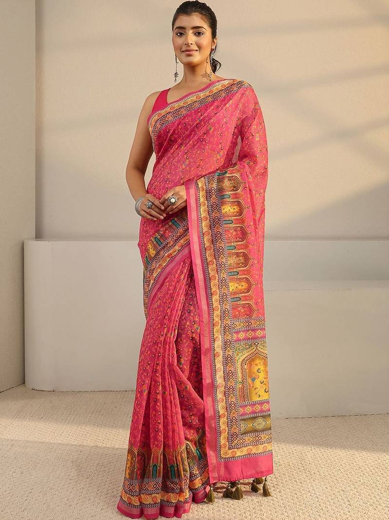pink floral printed tassel saree with unstitched blouse piece
