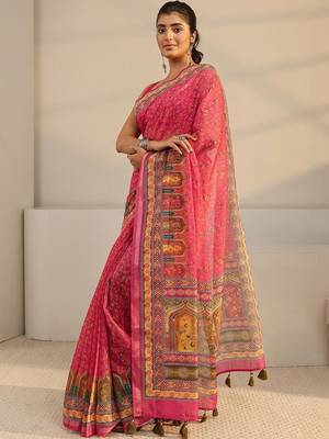 pink floral printed tassel saree with unstitched blouse piece 2