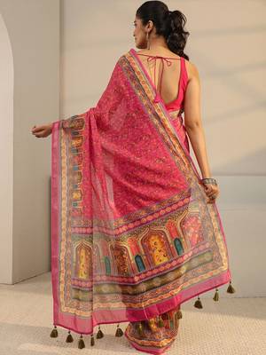 pink floral printed tassel saree with unstitched blouse piece 3