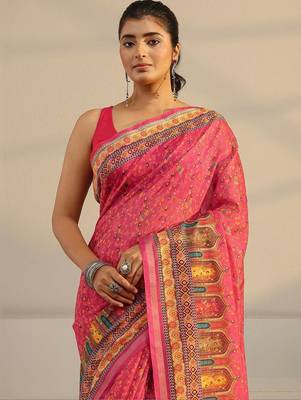 pink floral printed tassel saree with unstitched blouse piece 4