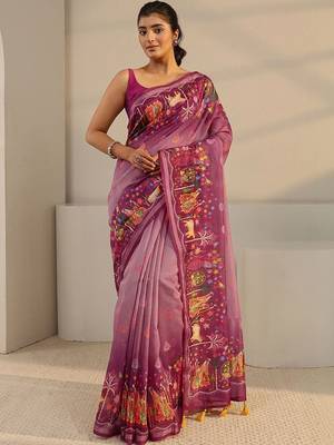purple tribal printed tassel saree with unstitched blouse piece 1
