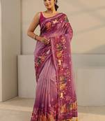 purple tribal printed tassel saree with unstitched blouse piece