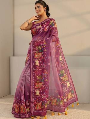 purple tribal printed tassel saree with unstitched blouse piece 2