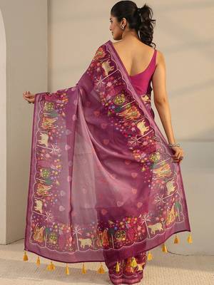 purple tribal printed tassel saree with unstitched blouse piece 3