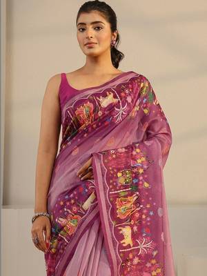 purple tribal printed tassel saree with unstitched blouse piece 4