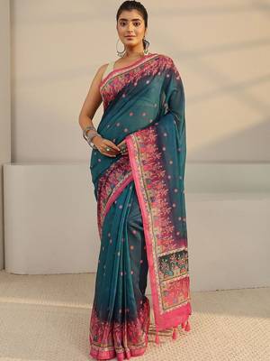 teal floral printed tassel saree with unstitched blouse piece 1