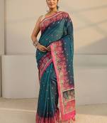 teal floral printed tassel saree with unstitched blouse piece