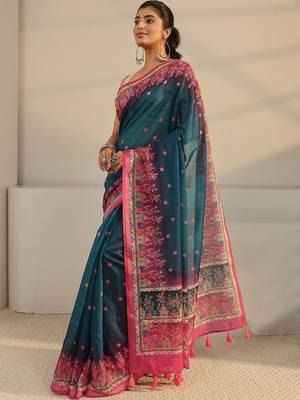teal floral printed tassel saree with unstitched blouse piece 2