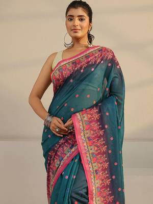 teal floral printed tassel saree with unstitched blouse piece 3