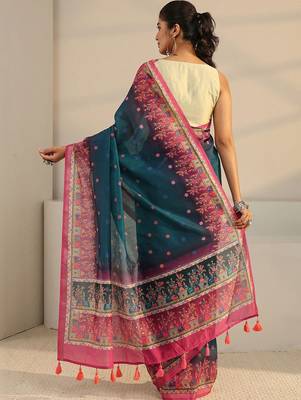 teal floral printed tassel saree with unstitched blouse piece 4