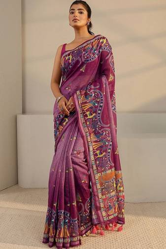 purple tribal printed tassel saree with unstitched blouse piece