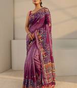 purple tribal printed tassel saree with unstitched blouse piece