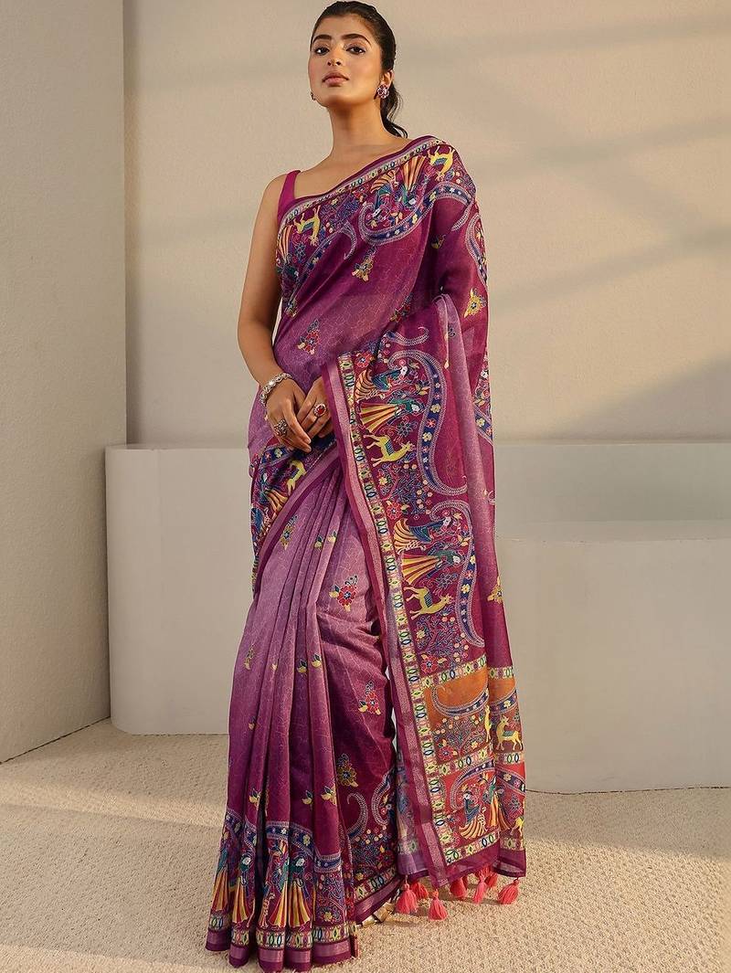 purple tribal printed tassel saree with unstitched blouse piece
