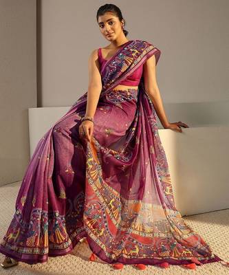 purple tribal printed tassel saree with unstitched blouse piece 2