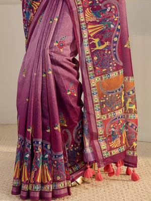 purple tribal printed tassel saree with unstitched blouse piece 3