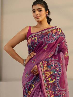 purple tribal printed tassel saree with unstitched blouse piece 4