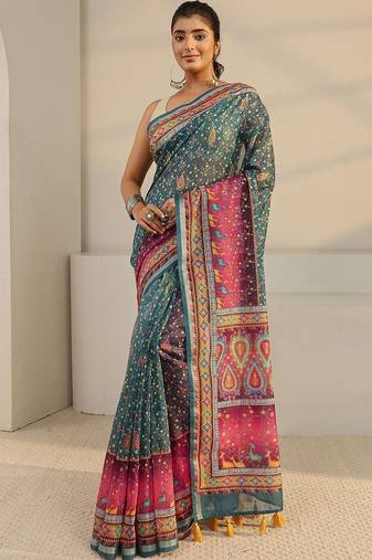 teal floral printed tassel saree with unstitched blouse piece
