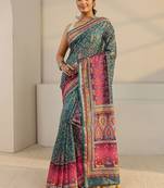 teal floral printed tassel saree with unstitched blouse piece