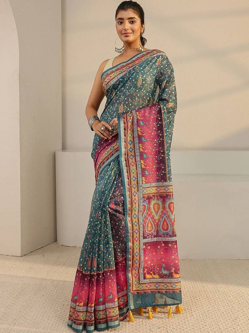 teal floral printed tassel saree with unstitched blouse piece