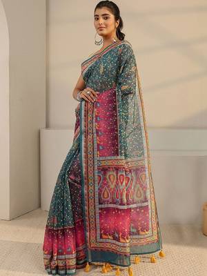 teal floral printed tassel saree with unstitched blouse piece 2