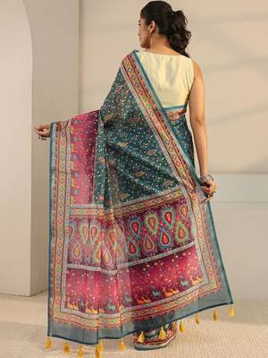 teal floral printed tassel saree with unstitched blouse piece 3