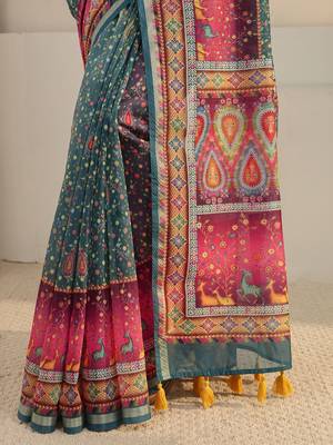 teal floral printed tassel saree with unstitched blouse piece 4