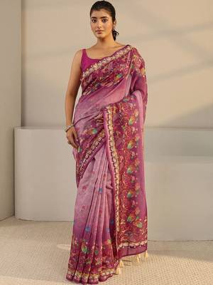 purple floral printed ombre tassel saree with unstitched blouse piece 1