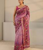 purple floral printed ombre tassel saree with unstitched blouse piece