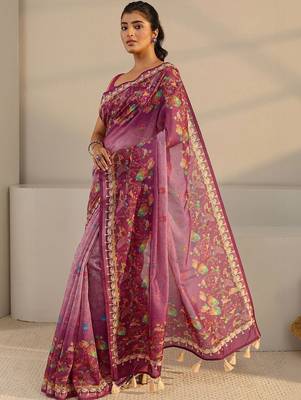 purple floral printed ombre tassel saree with unstitched blouse piece 2
