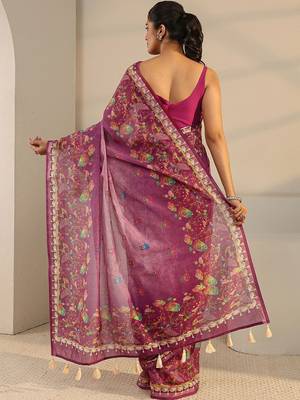 purple floral printed ombre tassel saree with unstitched blouse piece 3